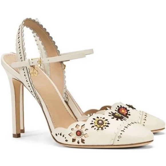 EUC Tory Burch Marguerite Perforated 105mm Slingback Heels - Ivory, Size 10 - Picture 2 of 12